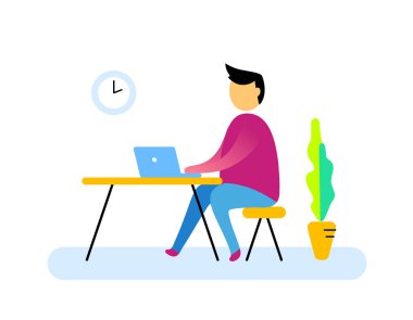 İşçi ve soyut işyeri, ofis bölümü web, afiş, düz iç için düz stil tasarımı. Yan görünümü iç ev ofis Oda çalışma alanı adam, bitki ve renk vektör çizim