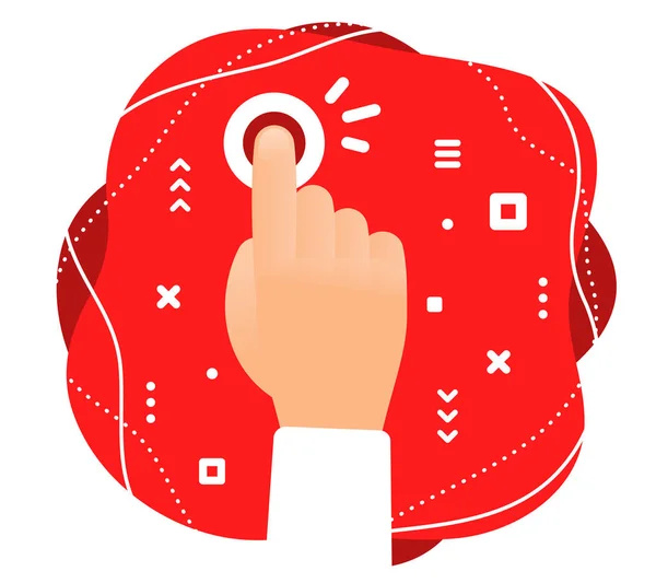 モバイル デバイスの画面の赤いボタンに触れる人間の手のベクトルの創造的な色のイラスト 技術のタッチ スクリーン Web サイト カード バナー ポスターのフラット スタイル — ストックベクタ