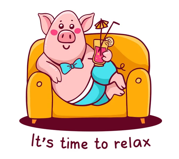 例证粉红色字符猪在裤子与尾巴躺在沙发上举行鸡尾酒在白色背景 手工画线艺术设计的网站 — 图库矢量图片