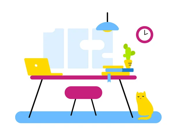 抽象的な職場 Web バナー フラット インテリア オフィス部門のフラット スタイルのデザイン 猫とサボテン色正面インテリア ホーム オフィス — ストックベクタ
