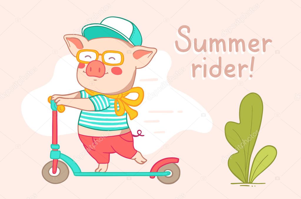 Color flat style design of urban character rider pig for web, site, banner, poster, greeting card. Vector horizontal illustration of pink piglet in pants, t-shirt, cap, glasses, rolling on a scooter