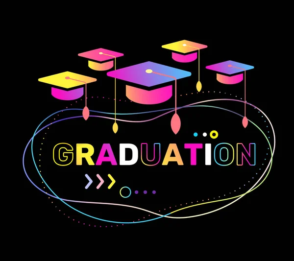 色大学院キャップと黒い背景に言葉卒業のベクトル イラスト 祝卒業式の 2018年クラスの卒業生します 招待カード バナーのための帽子とグロー ネオン効果フラット スタイル デザイン — ストックベクタ