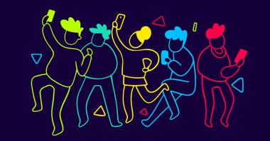 Neon ışık insanlar cep telefonu, yaratıcı kavramı ile dans grubu vektör Illustration. Satır sanat stil tasarlamak web, site, afiş, poster, sunum için