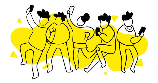 Cep Telefonu Siyah Insanların Dans Grubu Vektör Çizim Duymak Sarı — Stok Vektör