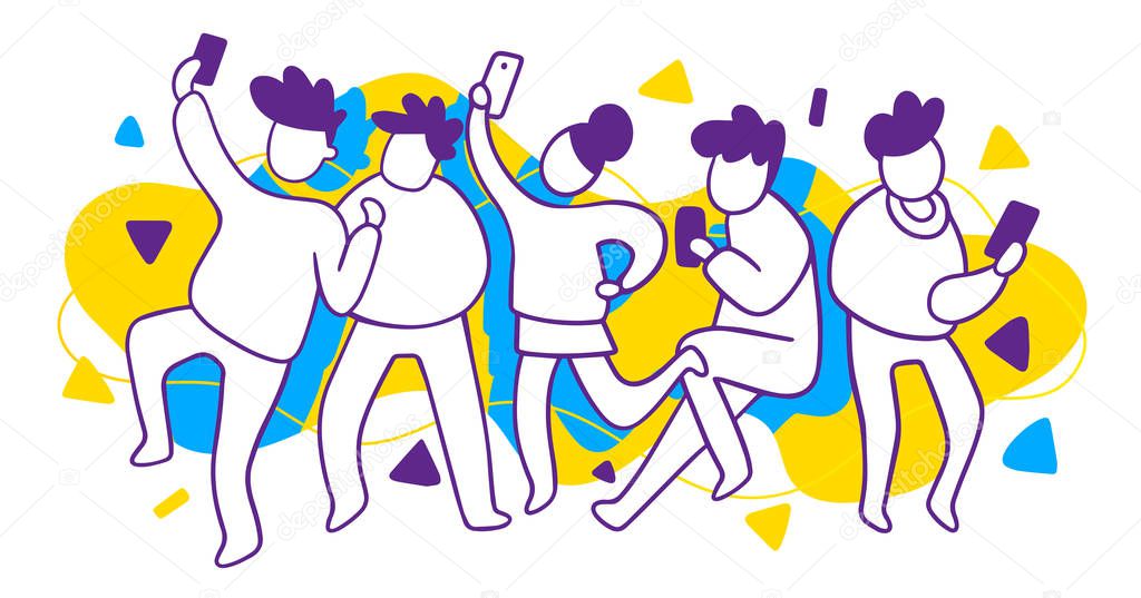Vector illustration of group of white dancing people with mobile phone and black hear, creative concept on blue and yellow spot background. Flat line art style design for web, site, horizontal banner, poster, presentation