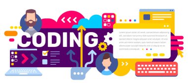 Word tipografi dizüstü bilgisayar ve kafa kabarcık oklu, parlak renkli arka plan üzerinde kişi ile kodlama yaratıcı illüstrasyon vektör simgesi. Düz stil tasarım web, site, afiş, tanıtım için