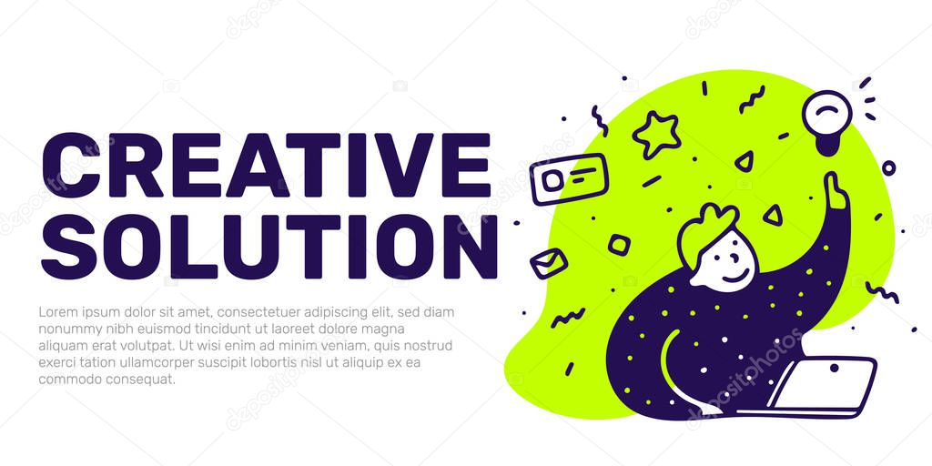 Vector illustration of fat man with laptop, light bulb and text space on white background with header creative solution. Line art style template design for web, site, banner, presentation