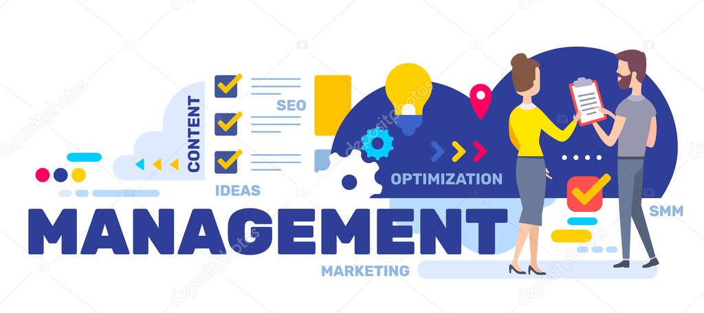 Vector creative illustration of business management word typography and discussing people on white background. Flat style design of working manager for web, site, banner, presentation