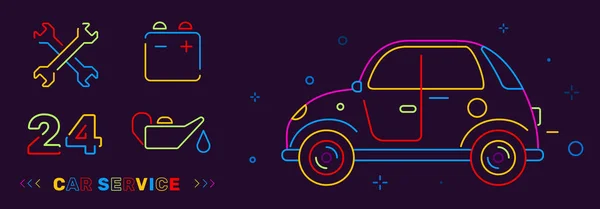 复古汽车侧面视图的矢量霓虹灯颜色插图 黑色背景上有自动图标 线艺术风格的汽车服务创意设计为网站 — 图库矢量图片