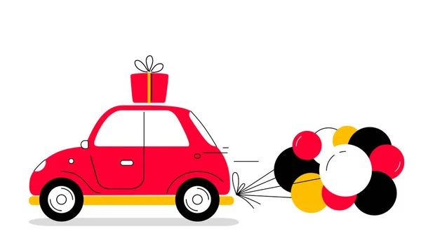 向量创造性例证红色侧视图复古汽车与明亮的束气球在白色背景 平面风格设计的网站 — 图库矢量图片