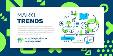 Metin pazar eğilimleri ile beyaz arka plan üstünde kutsal kişilerin resmi ile iş illüstrasyon vektör şablonu. Satır sanat stil tasarlamak web, site, afiş, tanıtım için soyut desenli