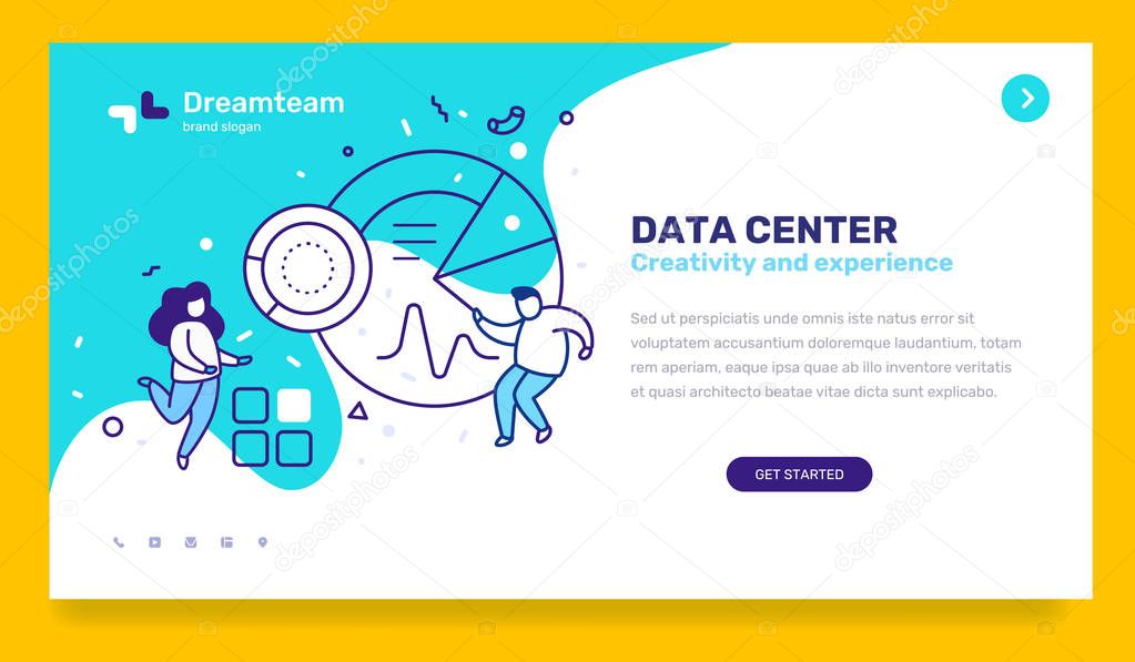 Vector business template with illustration of people with chart and graph on green background. Data center concept with text. Line art style design for web, site, banner, mobile website development