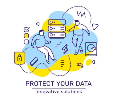 Sunucu, kalkan, veri ile insanların vektör iş illüstrasyon