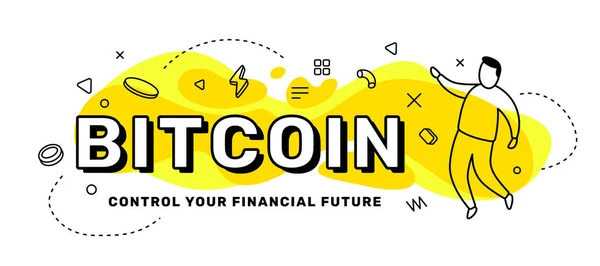 Ilustración creativa de negocio vectorial de bitcoin palabra con el hombre . — Vector de stock