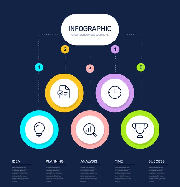 Modelo de infográfico vetorial com 5 opções de círculo e passos em d — Vetor de Stock