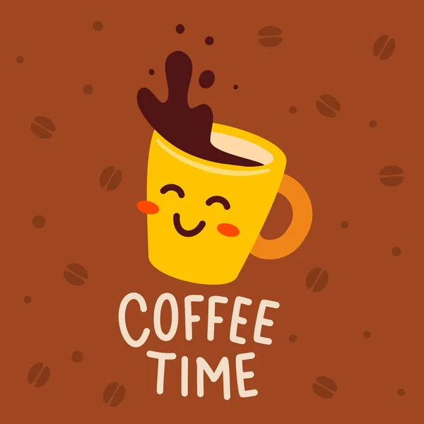 Kahverengi Arkaplanlı Fasulyeli Sarı Mutlu Kahve Fincanının Vektör Çizimi Kahve — Stok Vektör