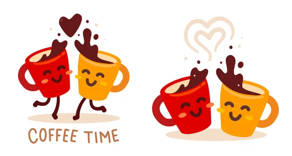 白を基調とした黄色と赤のハッピーなキャラクターコーヒーカップのベクトルロマンチックなイラストのセット コーヒーの時間概念 手描きの漫画アートフラットスタイルのデザインのためのポスター カード ショップ カフェ メニュー — ストックベクタ