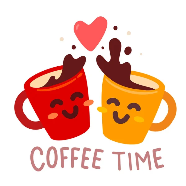 Sarı Kırmızı Mutlu Arkadaş Kahve Fincanının Vektör Çizimi Kalbi Beyaz — Stok Vektör