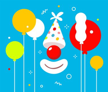 Doğum günü şapkası ve ağzı mavi arka planda ve hava balonu olan kırmızı palyaço burnu. Web, tebrik kartı, afiş, poster için düz stil yaratıcı fikir tasarımı