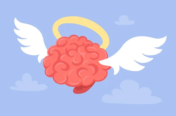 雲と青い空の背景に翼とハローを持つ天使ピンクのスマート人間の飛行脳のベクトル創造的なイラスト ウェブ サイト バナー ポスターのための脳のフラットスタイルの宗教的な祈りの概念設計 — ストックベクタ