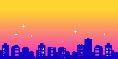 Günbatımı sarı arka planında yıldız eşliğinde bina silueti olan şehir manzarasının vektör çizimi. Web afişi, poster, baskı için düz çizgi film tasarımı