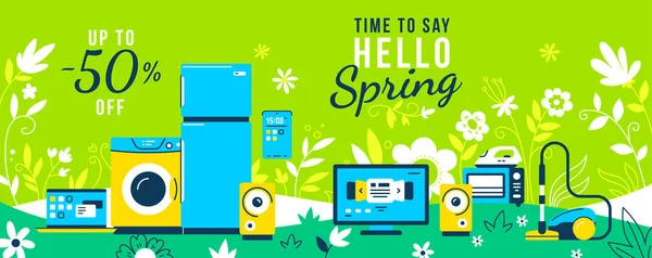 Çamaşır Makineli Aletlerinin Vektör Çizimi Yeşil Arka Planda Çiçekli Buzdolabı — Stok Vektör