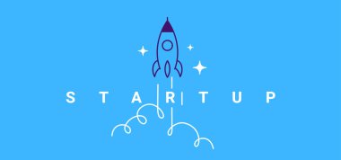 Uzay gemisinin yaratıcı temsili ve bulutlu mavi arkaplan üzerine kelime başlangıcı. Başlangıçta web pankartı, poster, baskı için düz çizgi çizgi film tarzı fikir tasarımı