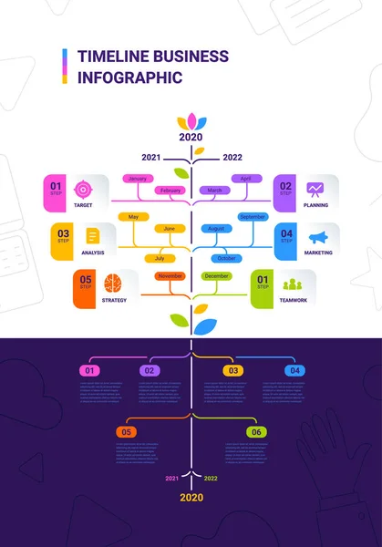 矢量业务插图的树时间表信息图形模板与业务图标和文字的色彩背景 平面线条艺术风格网页 横幅图形元素的信息图解设计 — 图库矢量图片