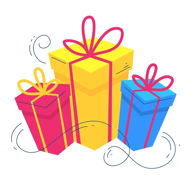 白い背景に弓でギフトボックス カラープレゼント付きベクトル創造的な明るい休日のイラスト ウェブ サイト バナー グリーティングカード 電子メールのためのフラットスタイルの誕生日デザイン — ストックベクタ