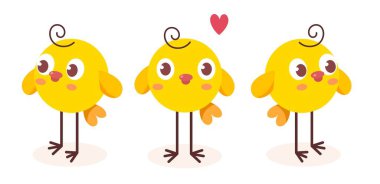 Beyaz arka planda farklı pozlarda gölgeli şirin sarı hatunun vektör çizimi. Web, site, poster, afiş için tavuğun düz stil tasarımı