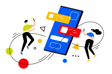 Akıllı telefonlu bir kadın ve erkeğin vektör işi çizimi, insanlar iletişim kuruyor