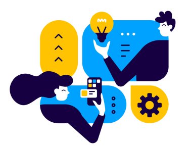 Ampulü olan bir adam ve akıllı telefonu olan bir kadının vektör iş konsepti çizimi, insanlar iletişimi