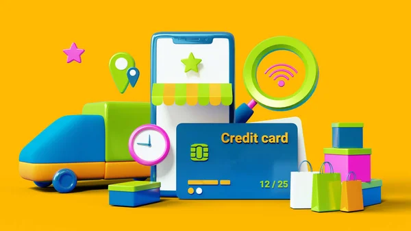 Handy Mit Kreditkarte Und Lupe Auf Farbigem Hintergrund Illustration Zum — Stockfoto
