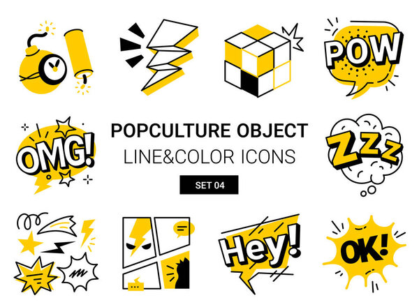 Vector set of different cartoon icon of speech bubble and pop culture object on white background