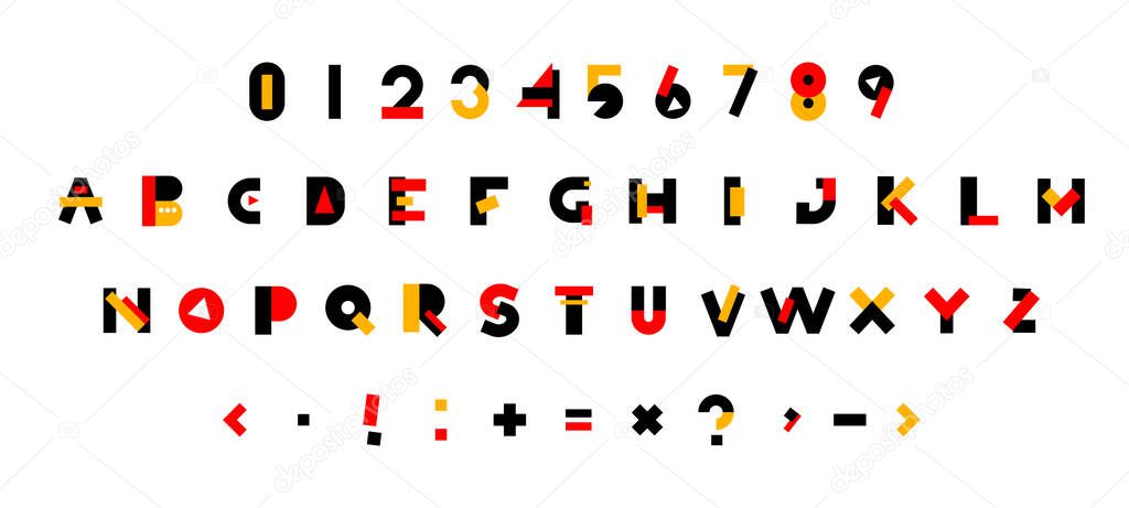 Vector color latin alphabet with numbers on white background