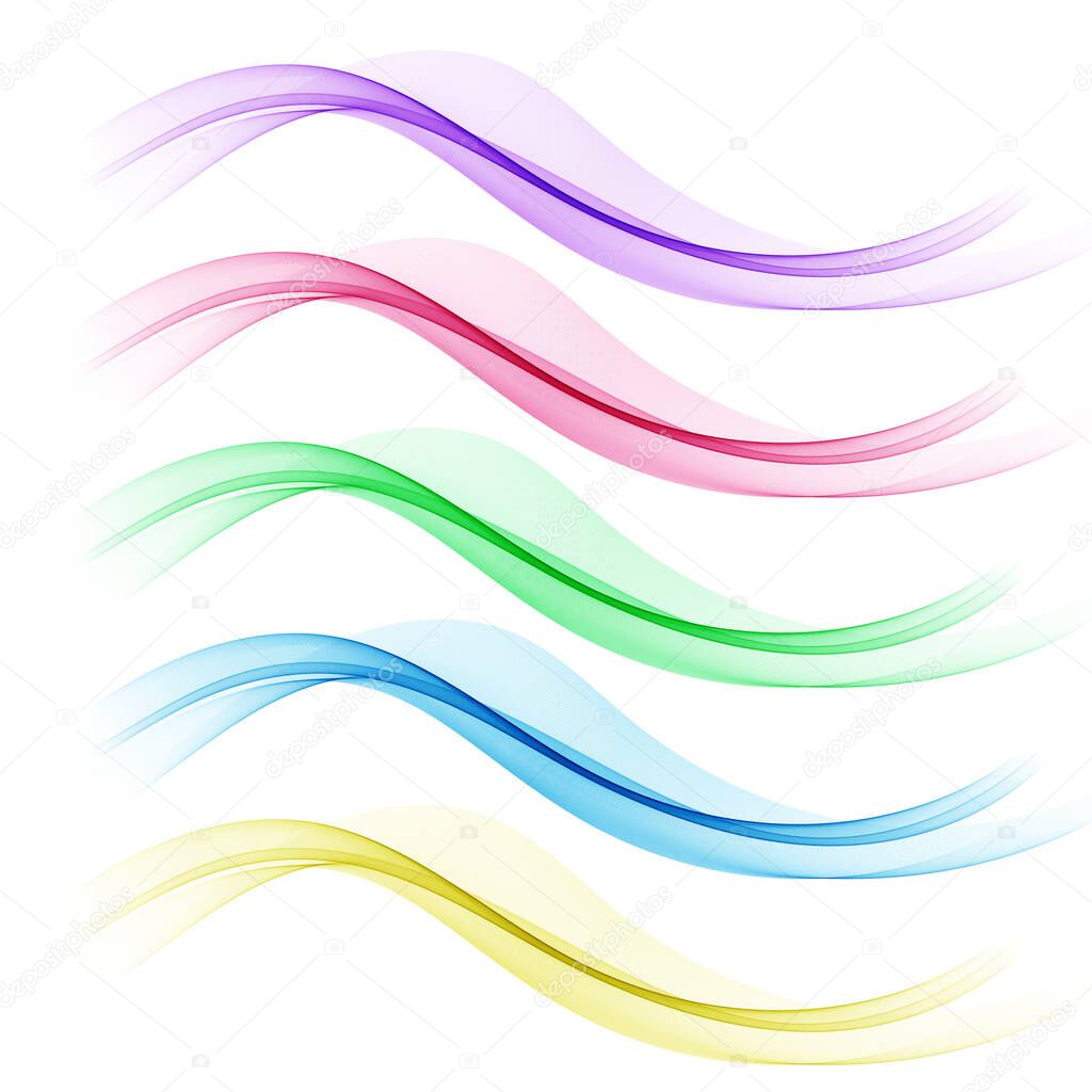 set of abstract color wave smoke transparent blue pink yellow orange green wavy design purple