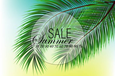 Summer sale background banner with green exotic palm leaves and tropical plants, summer sale concept. Vector illustration clipart