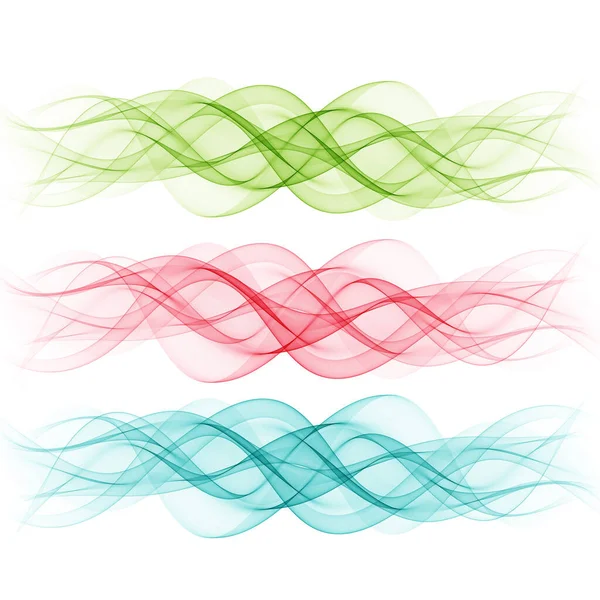 Vektör soyut yatay dalga modelini ayarladı. Mavi dalga. Yeşil dalga. Kırmızı dalga. Şeffaf dalga hazır. Renkli dalga. Duman dalgası. — Stok Vektör
