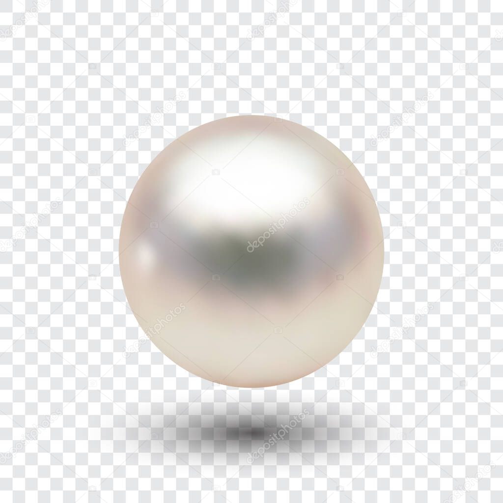 Vector illustration of single shiny natural white sea pearl with light effects isolated on transparent background.