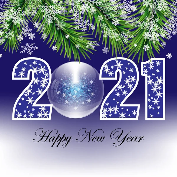 Astratto sfondo invernale per il nuovo anno 2021, fiocchi di neve con rami di abete su uno sfondo blu — Vettoriale Stock