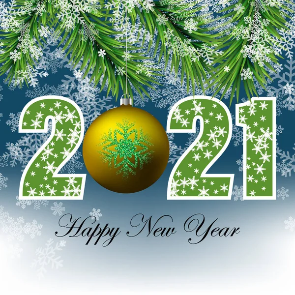 Astratto sfondo invernale per il nuovo anno 2021, fiocchi di neve con rami di abete e una palla d'oro su sfondo blu — Vettoriale Stock