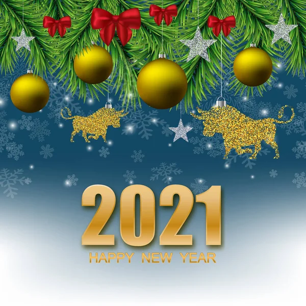 Festive background, silhouette of a bull, New Years toys on the branches of a Christmas tree. New Year poster Design 2021 — Stock Vector