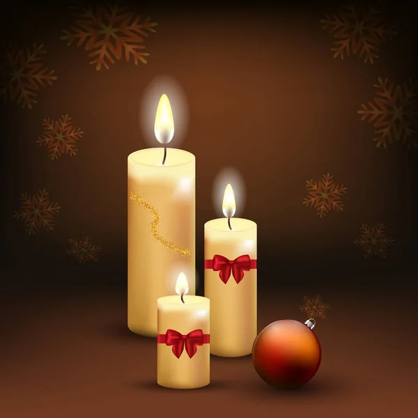 Vánoční svíčka s vánočními míčky v jedlových větvích. Vektorová ilustrace — Stockový vektor