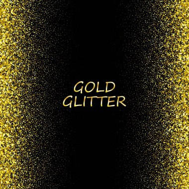 Siyah arka planda altın rengi parıltı dokusu. Altın konfeti patlaması. Siyah arkaplandaki altın taneli soyut doku. Tasarım elemanı. Vektör illüstrasyonu