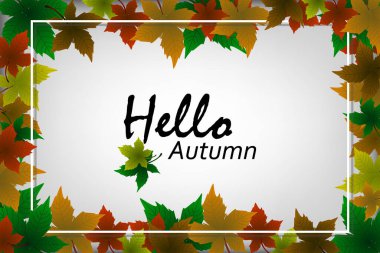 Soyut gri arkaplan, sonbahar yapraklı poster tasarımı. Çerçeve. Merhaba, Autumn.