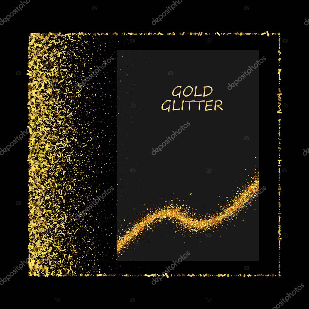 Golden frame on black background. Gold sparkles on black background. Gold glitter background.