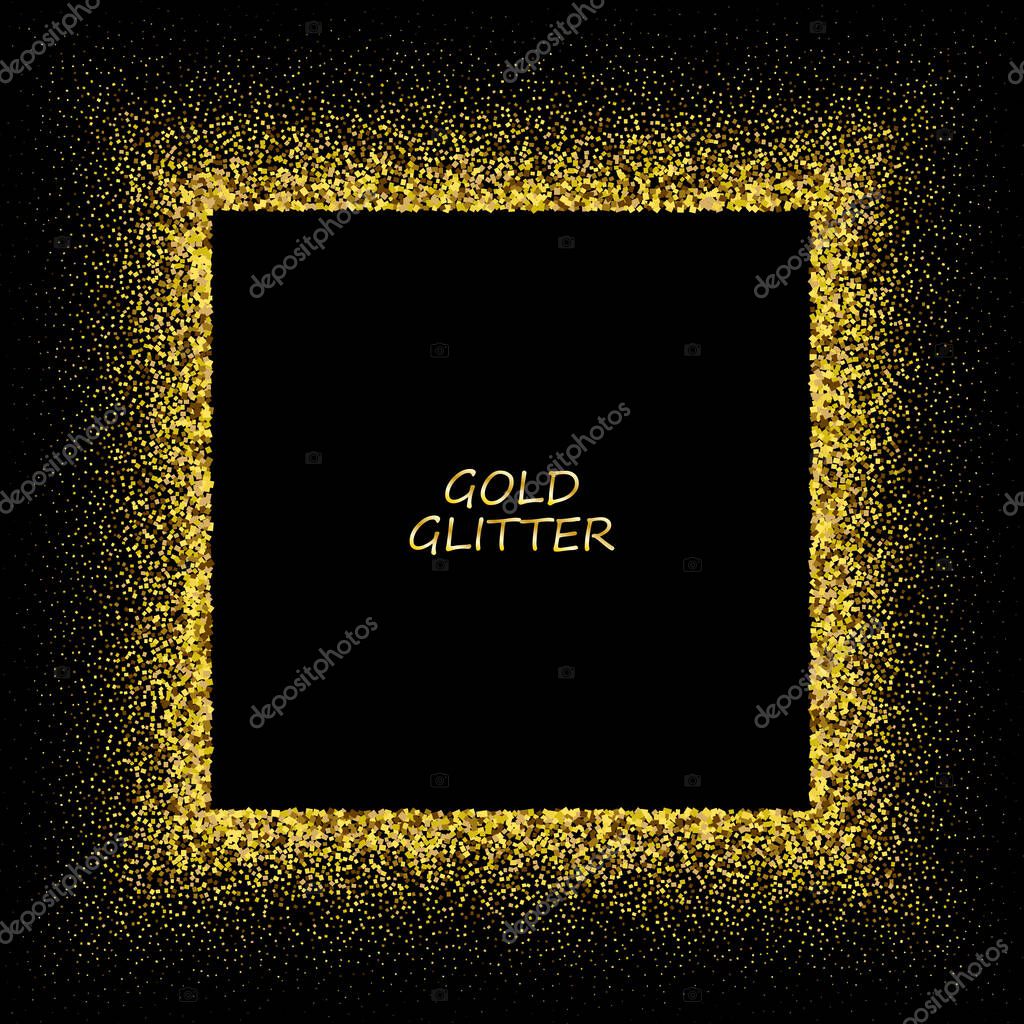 Golden frame on black background. Gold sparkles on black background. Gold glitter background.