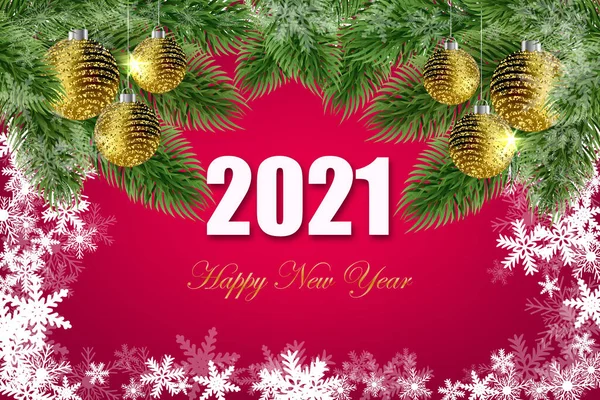 Biglietto di Natale rosso con fiocchi di neve e palline d'oro sull'albero di Natale, illustrazione vettoriale — Vettoriale Stock
