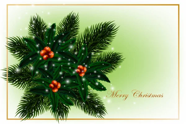 Noel ağacı, Noel ağacı, köknar ve kırmızı böğürtlenli çam dalları, kış tatili süsü, yeni yıl etiketi tasarımı. Soyut bir arka planda. Vektör çizimi. Eps 10. — Stok Vektör