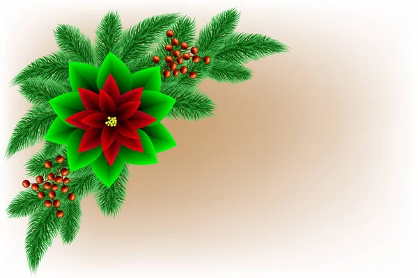 Noel ağacı dalları ve kırmızı noktalı çiçekli Noel arkaplanı. Vektör illüstrasyonu — Stok Vektör
